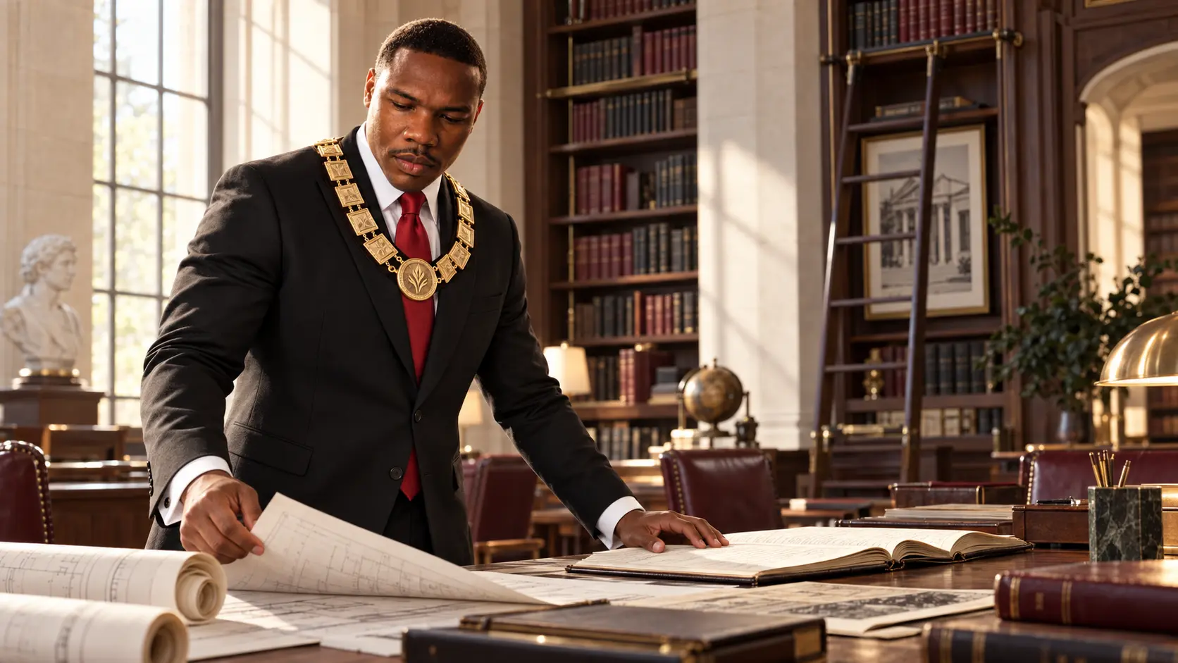 The principal reviewing plans and records in an institutional library